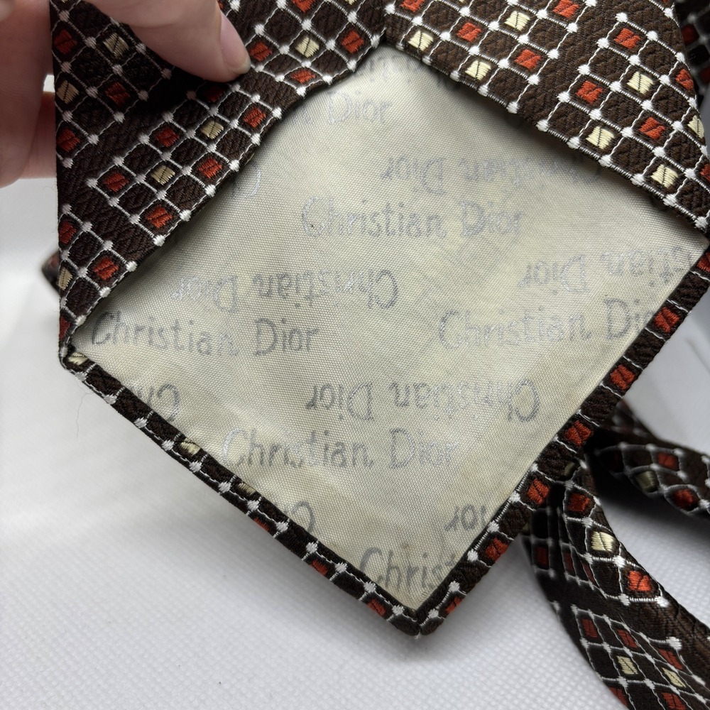 Christian Dior Necktie Brown Geometric Diamond Pattern Men's Tie 70s Disco Retro - Picture 6 of 8